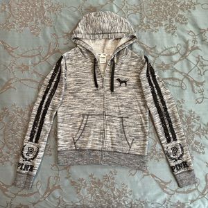 Victoria's Secret PINK Bling Sequins Velour Full Zip Gray Black Hoodie Small